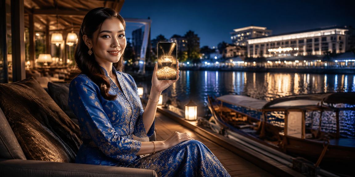 Pemain kasino mudah alih Malaysia mengenakan baju kurung memainkan permainan popular